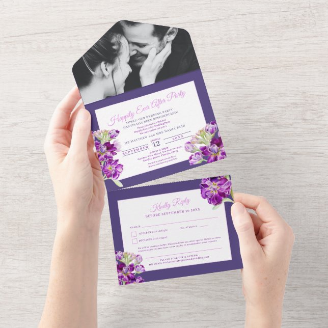 Invitation Tout En Un Heureux toujours après mariage violet stock aquare (Déchirure)