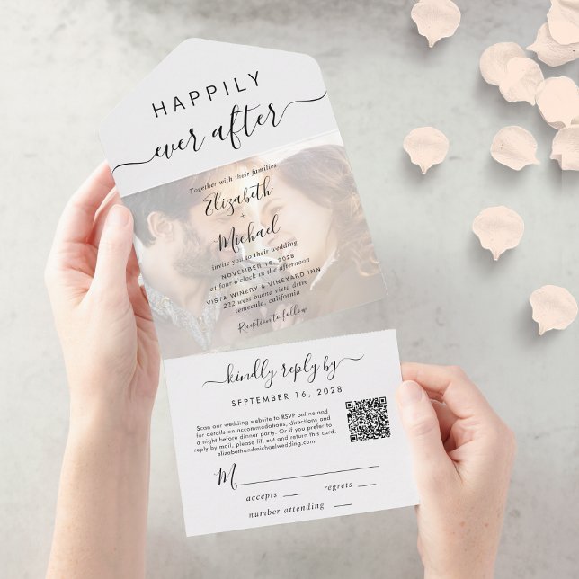 Invitation Tout En Un Heureux toujours après Photo QR Code Mariage (Our user-friendly template allows you to easily upload your photo and create your perfect invitation)