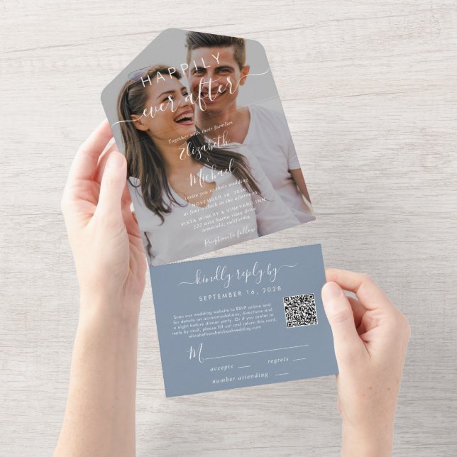 Invitation Tout En Un Heureux toujours après QR Code Mariage photo (Déchirure)