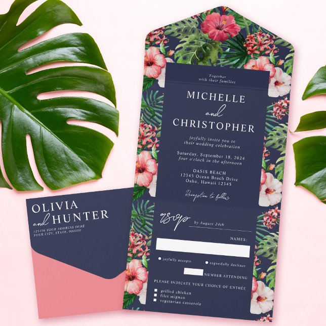 Invitation Tout En Un Hibiscus tropical Moderne Mariage Marine Bleu (Créateur téléchargé)
