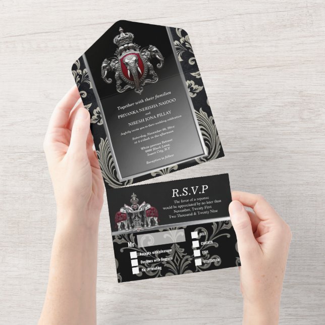 Invitation Tout En Un Hindi Hindu royal indian crest damask noir argent (Déchirure)