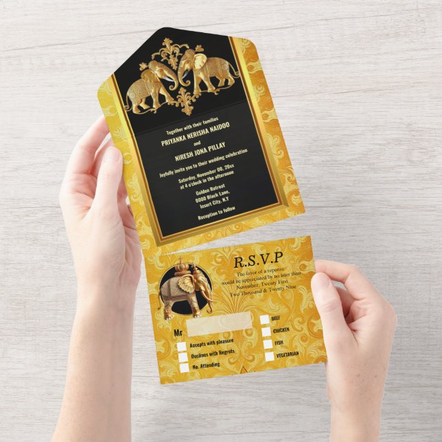 Invitation Tout En Un Hindou indien éléphants or noir damassé Hindi (Déchirure)