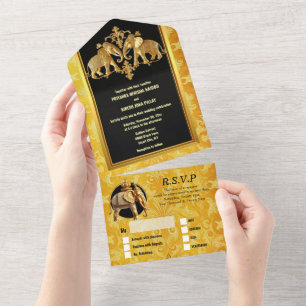Invitation Tout En Un Hindou indien éléphants or noir damassé Hindi