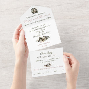 Invitation Tout En Un Hiver Conifer Floral Cream Peony Mariage élégant