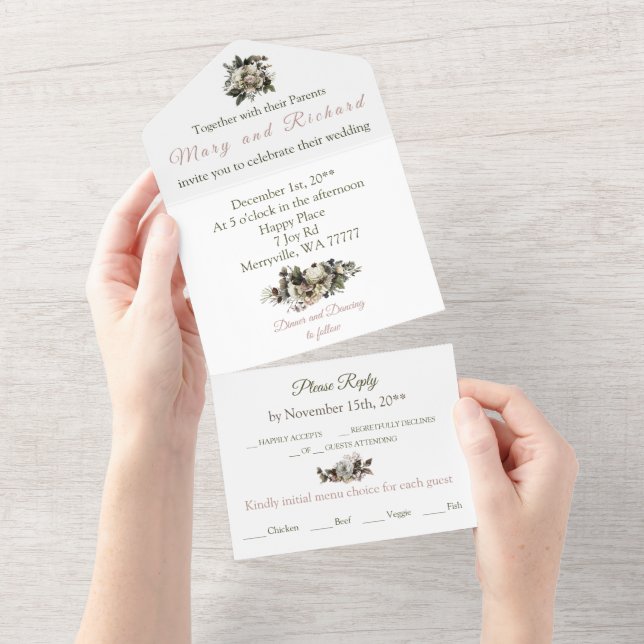 Invitation Tout En Un Hiver Conifer Floral Cream Peony Mariage élégant (Déchirure)