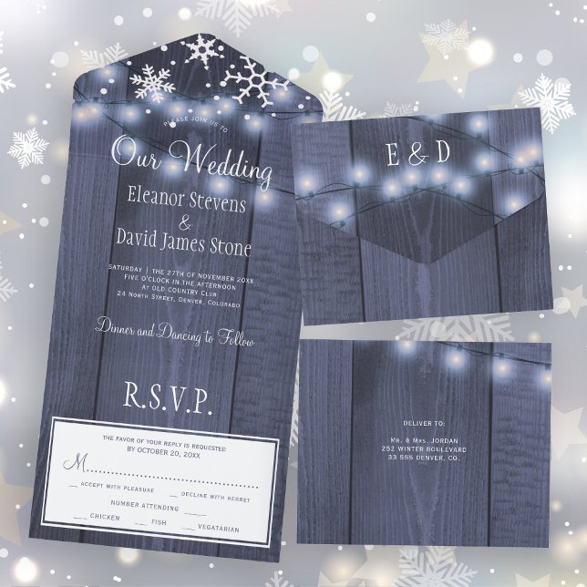Invitation Tout En Un Hiver merveilleux flocons de neige mariage rustiqu (Créateur téléchargé)