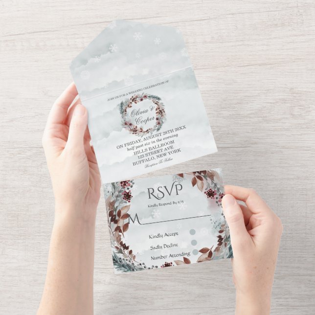 Invitation Tout En Un Hiver Sage Brown Rustique Foliting Mariage (Déchirure)