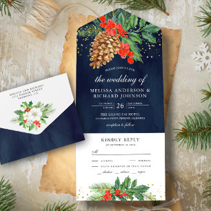 Invitation Tout En Un Holly Berries Pine Cone Mariage de Noël de la Mari
