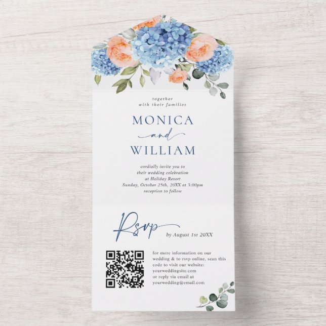 Invitation Tout En Un Hydrangea Bleue Élégante Roses Rose Pâle Mariage (À l'intérieur)