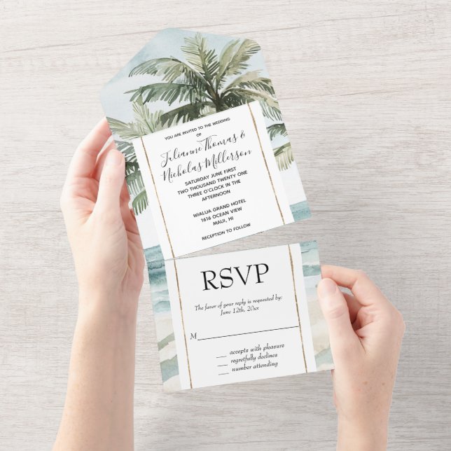 Invitation Tout En Un Île tropicale Palmiers Ocean Beach Mariage (Déchirure)