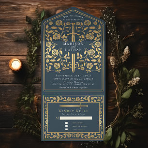 Invitation Tout En Un Imaginaire médiéval gris Mariage d'épée