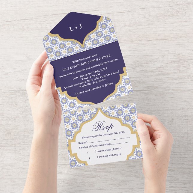 Invitation Tout En Un Indigo Moroccan Tile Wedding  (Déchirure)