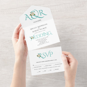 Invitation Tout En Un Initiales et ampersand bleu turquoise, mariage ros