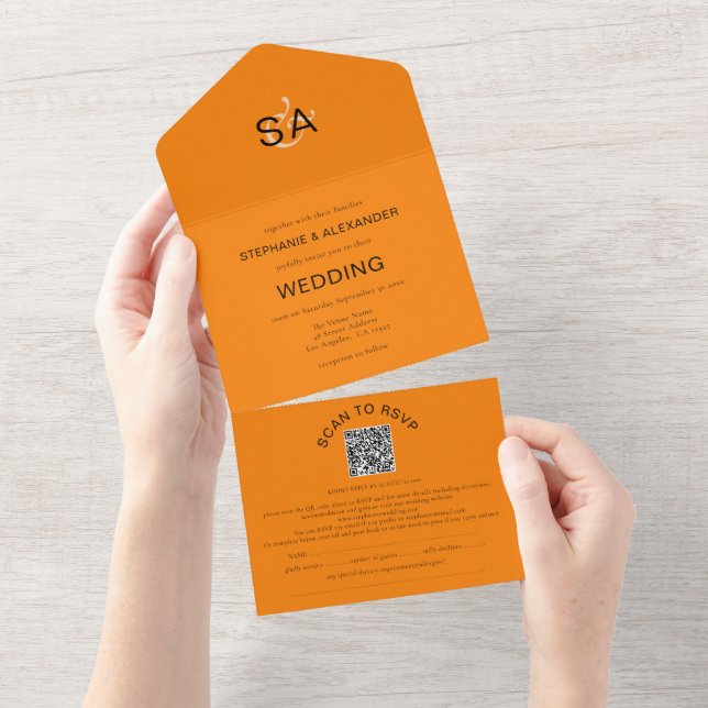 Invitation Tout En Un Initiales minimalistes QR Code Automne Orange Mari (Déchirure)