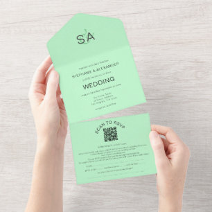 Invitation Tout En Un Initiales minimalistes QR Code Mint Mariage vert