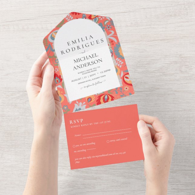 Invitation Tout En Un Invitación de Boda Español Inglés Rsvp FOLKART (Déchirure)
