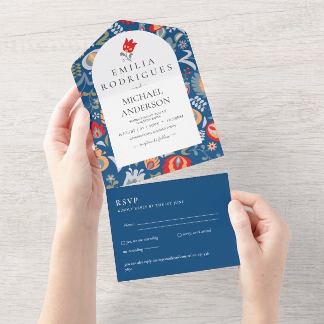 Invitation Tout En Un Invitación de Boda Español Inglés Rsvp FOLKART (Déchirure)