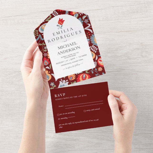 Invitation Tout En Un Invitación de Boda Español Inglés Rsvp FOLKART (Déchirure)