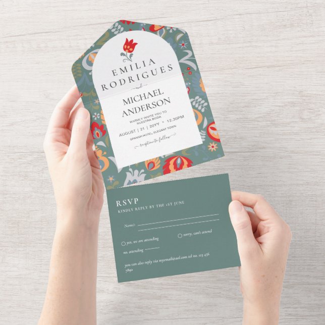 Invitation Tout En Un Invitación de Boda Español Inglés Rsvp FOLKART (Déchirure)