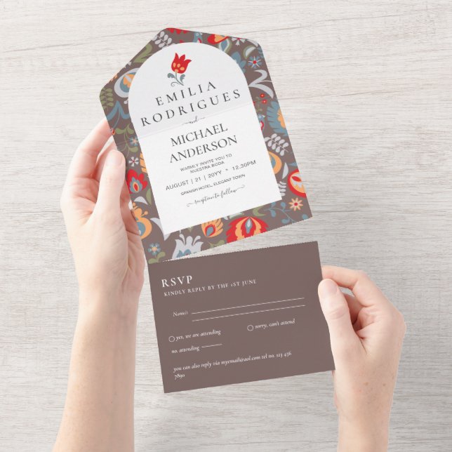 Invitation Tout En Un Invitación de Boda Español Inglés Rsvp FOLKART (Déchirure)