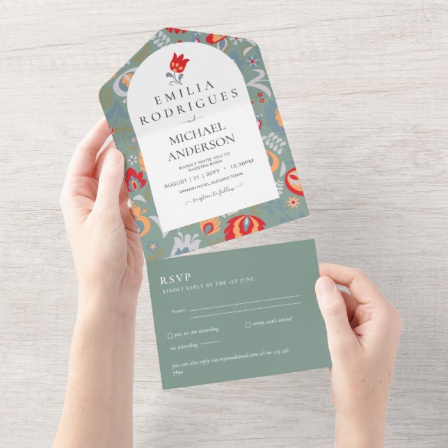 Invitation Tout En Un Invitación de Boda Español Inglés Rsvp FOLKART (Déchirure)