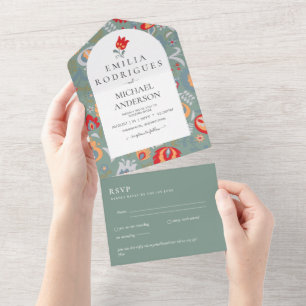 Invitation Tout En Un Invitación de Boda Español Inglés Rsvp FOLKART