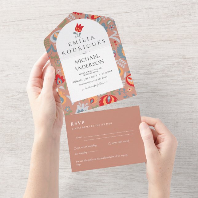Invitation Tout En Un Invitación de Boda Español Inglés Rsvp FOLKART (Déchirure)