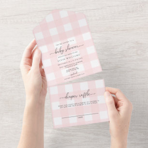 Invitation Tout En Un Invitation rose En vichy tous en un baby shower