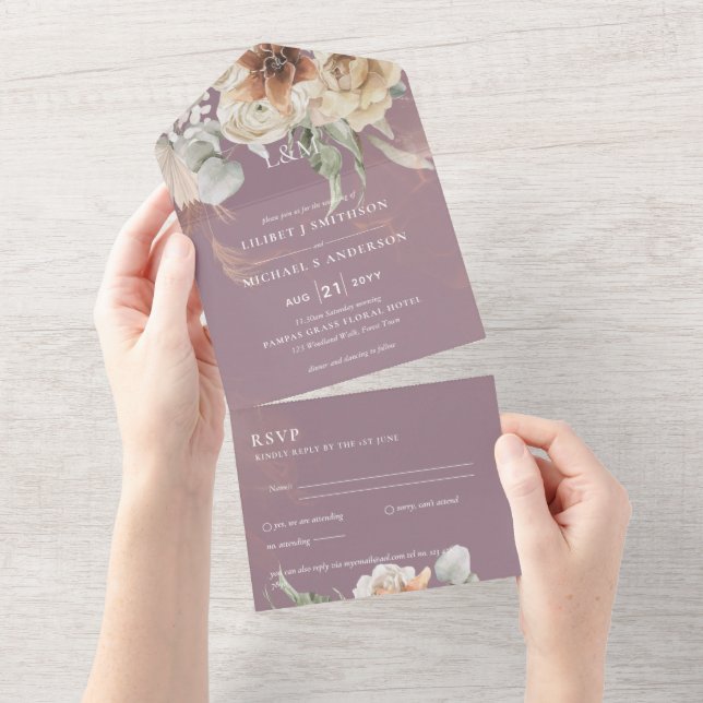Invitation Tout En Un Invite de mariage avec RSVP | Herbe de Pampas BOHO (Déchirure)