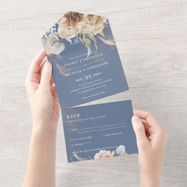 Invitation Tout En Un Invite de mariage avec RSVP | Herbe de Pampas BOHO (Déchirure)