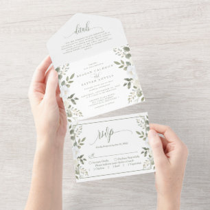 Invitation Tout En Un Ivoire et Sauge Mariage Floral Sophistiqué