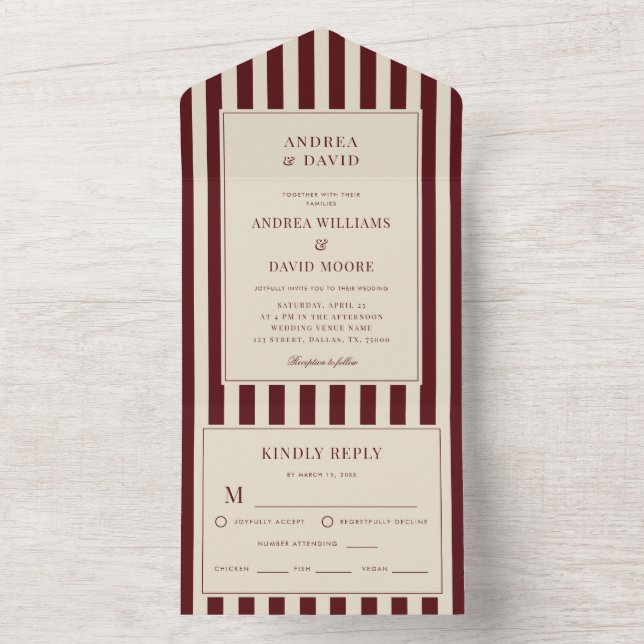 Invitation Tout En Un Ivory & Burgundy Stripes Border Retro Wedding (À l'intérieur)