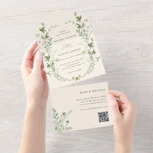 Invitation Tout En Un Ivory Elegant Fleur sauvage QR Code Mariage (Déchirure)