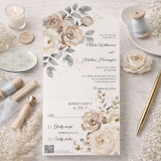 Invitation Tout En Un Ivory Floral Wedding with QR Code
