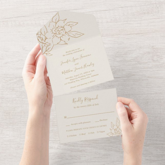 Invitation Tout En Un Ivory Line Art Floral Mariage élégant (Déchirure)