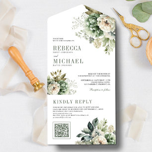 Invitation Tout En Un Ivory Rose Sage Vert Floral Code QR Mariage