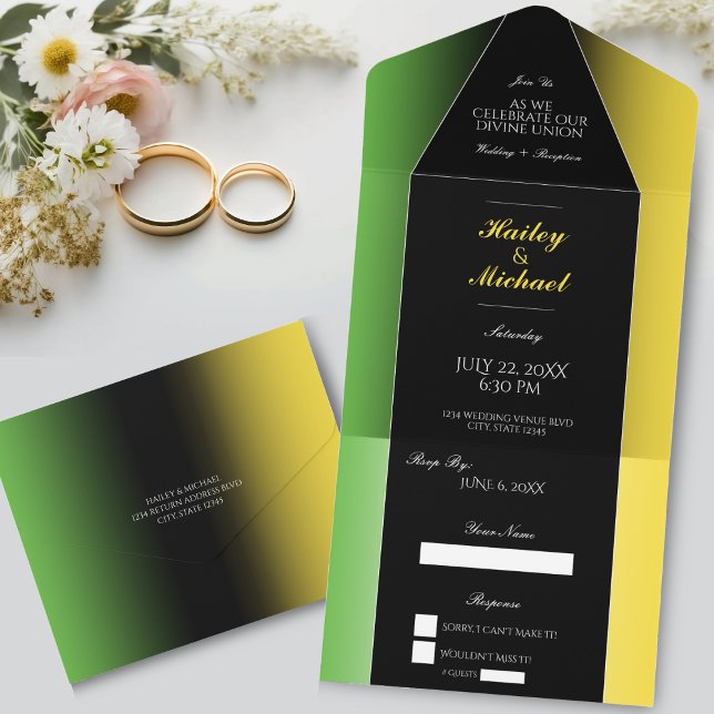 Invitation Tout En Un Jamaïque Green Black & Gold Elegant moderne Jamaïc (Jamaica Green Black & Gold Elegant Modern Jamaican All In One Invitation)