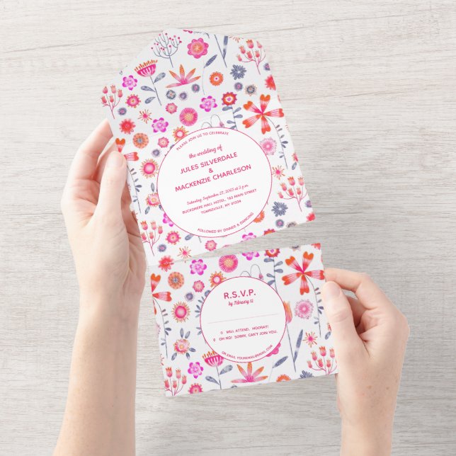 Invitation Tout En Un Jardin de fleurs roses modernes Boho pour mariage (Déchirure)