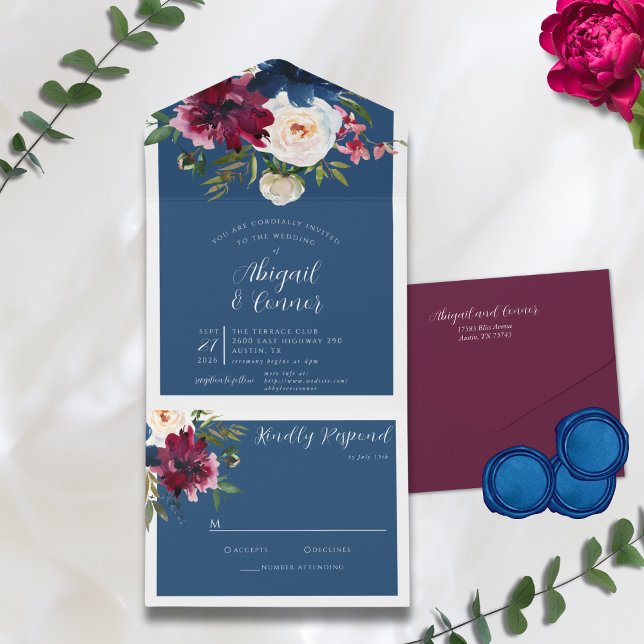 Invitation Tout En Un Jardin enchanté Dusty Blue Bourgogne Navy (Créateur téléchargé)