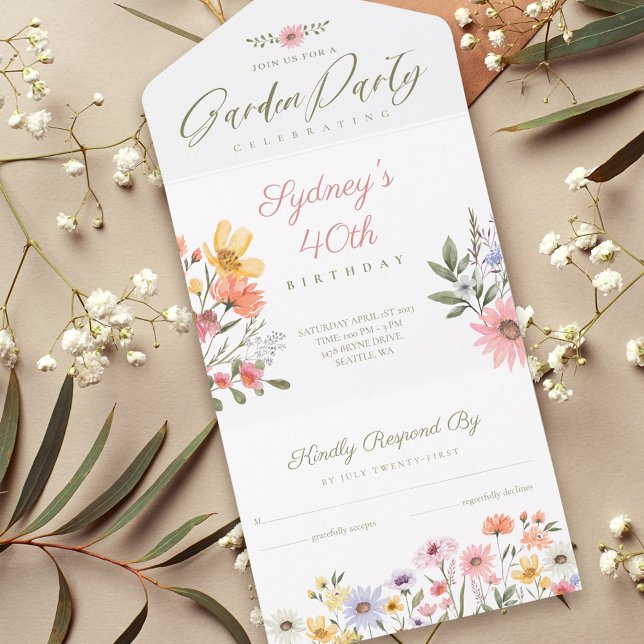 Invitation Tout En Un Jardin Fleur sauvage aquarelle Floral Anniversaire (Créateur téléchargé)