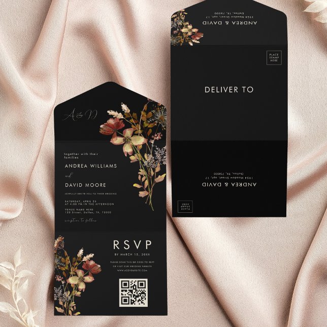 Invitation Tout En Un Jardin Fleur sauvage noir Mariage botanique d'auto (Créateur téléchargé)