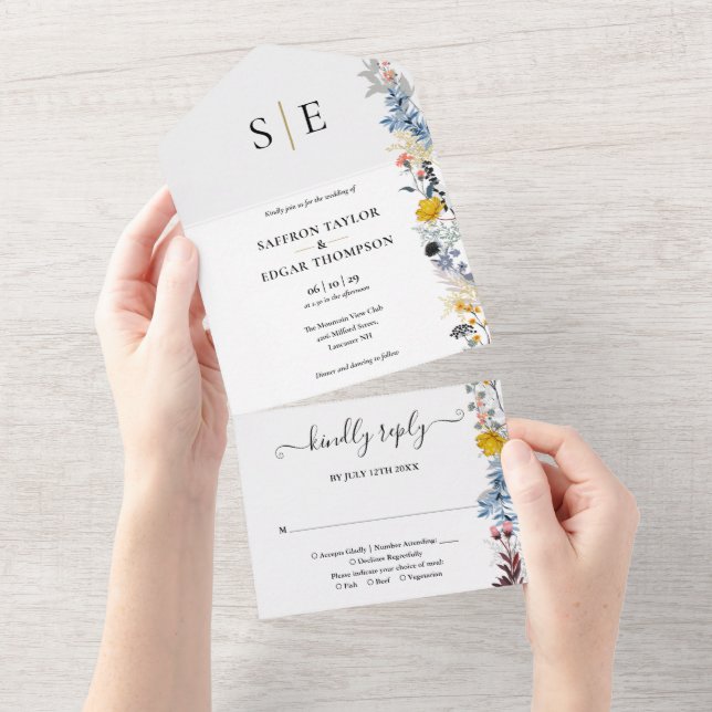 Invitation Tout En Un Jardin Floral Élégant Monogramme Mariage (Déchirure)