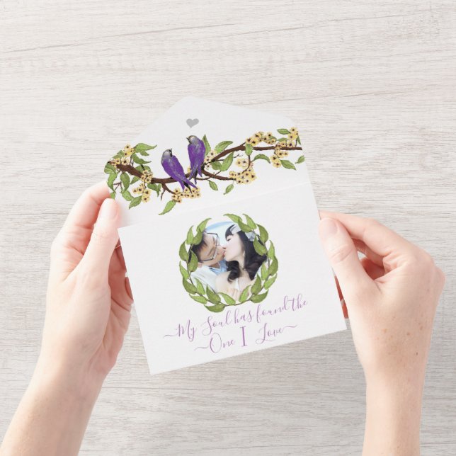 Invitation Tout En Un Jardin forestier secret de Lovebird jaune violet (Ouverture)