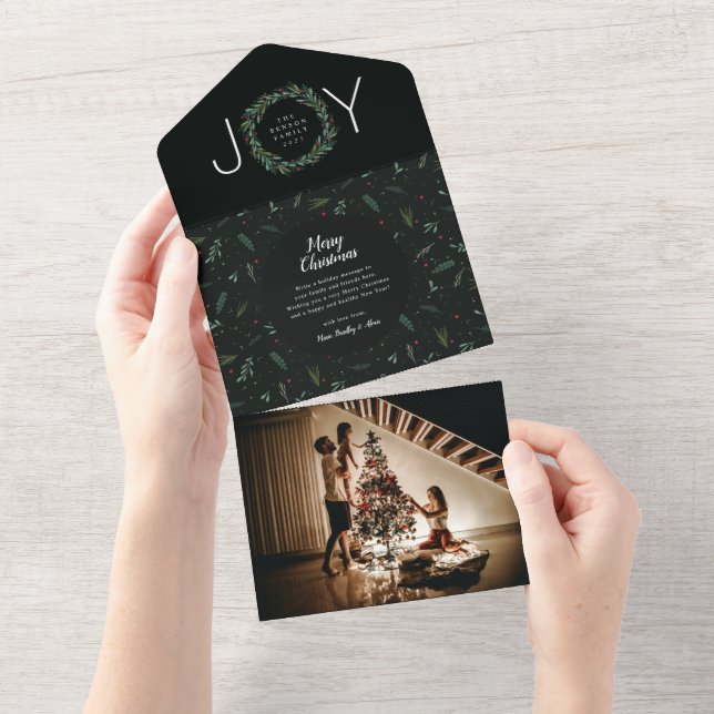 Invitation Tout En Un JOIE Festive Joyeux Noël Wreath Green 1 Photo (Déchirure)