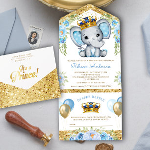 Invitation Tout En Un Joli bleu Floral Prince Elephant Baby shower