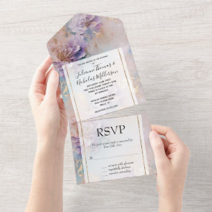 Invitation Tout En Un Joli bleu violet et or Mariage Floral