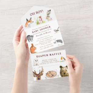 Invitation Tout En Un Joli boisé Animaux Oh Baby shower garçon