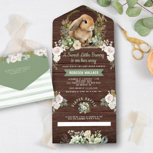 Invitation Tout En Un Joli Bunny Sage Vert Baby shower Floral Bois