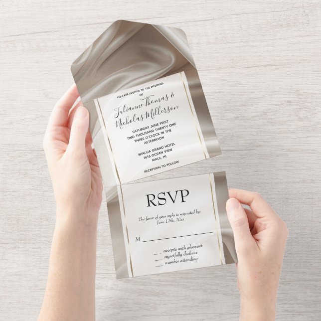 Invitation Tout En Un Joli Champagne Gold Romantique Faux Satin Mariage (Déchirure)