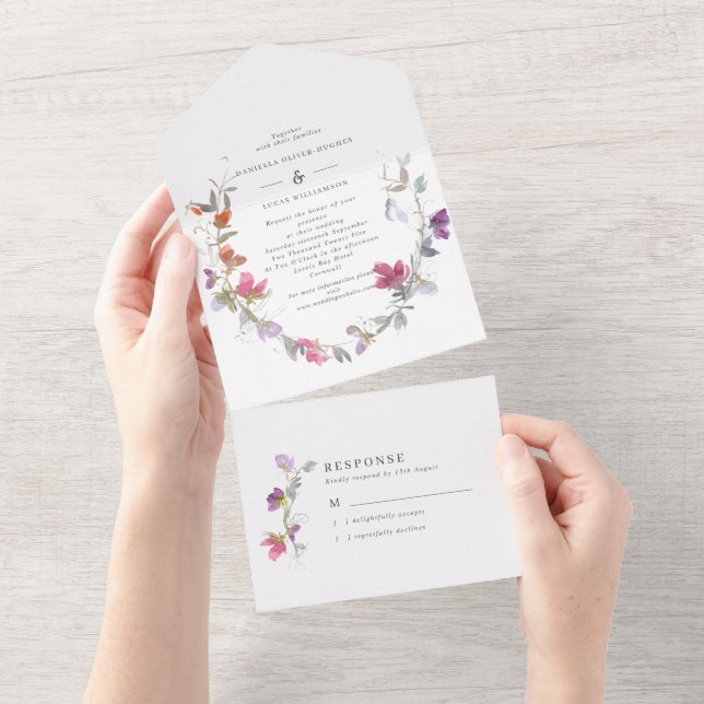 Invitation Tout En Un Joli Mariage de pois doux violet et rose (Déchirure)